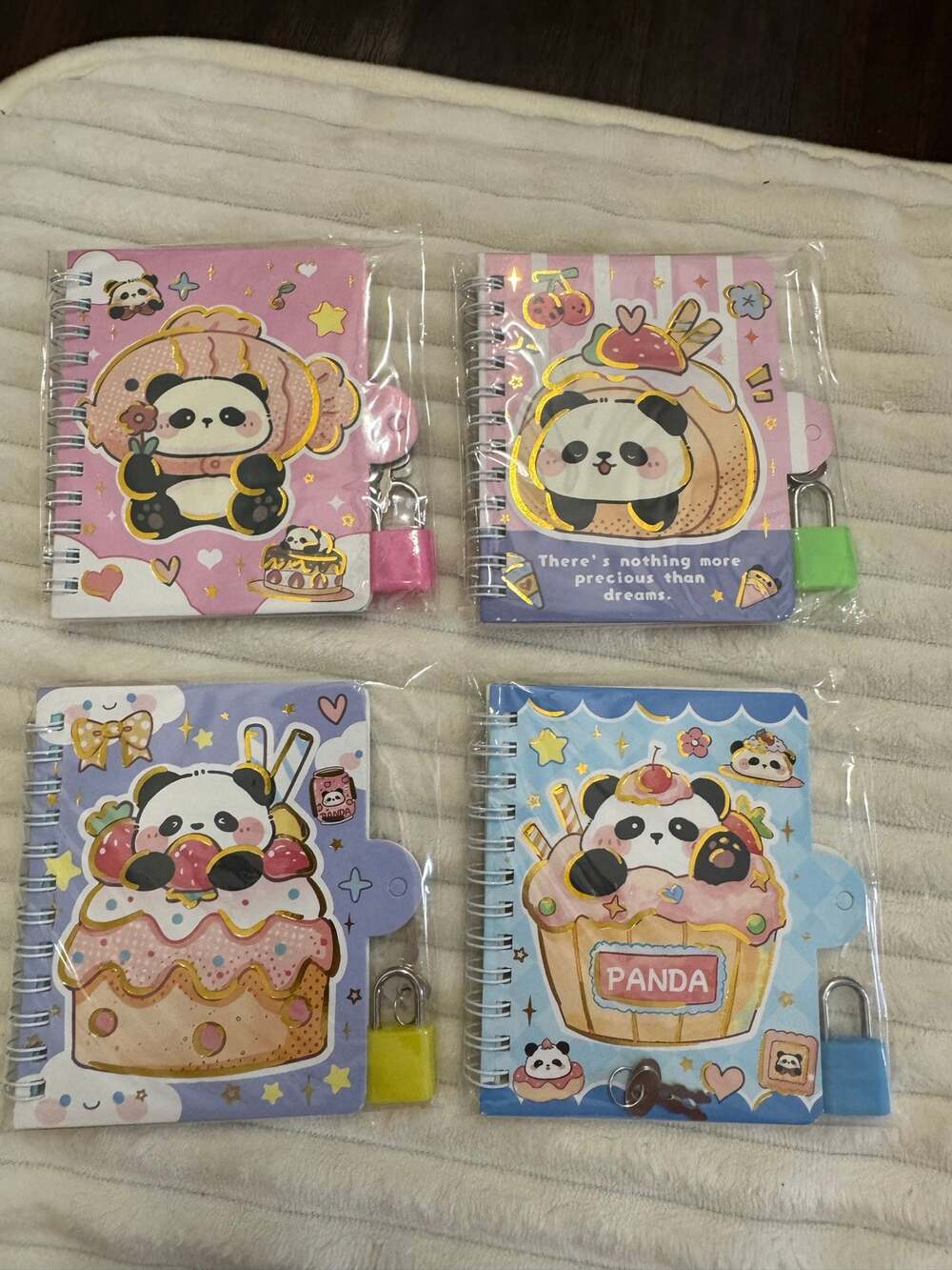 Set of 4 Panda key lock notebooks diaries cute panda ion cupcakes and cakes